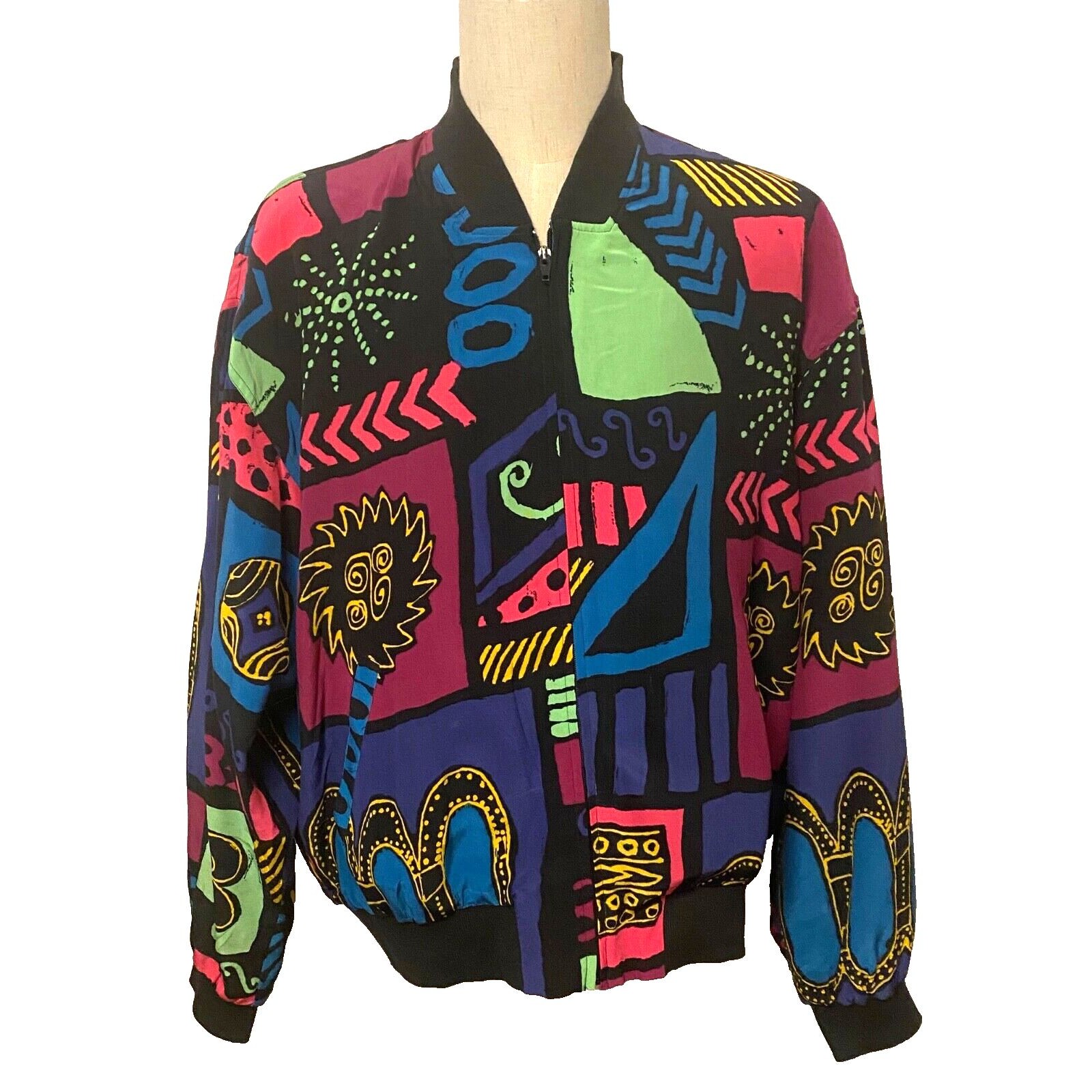 Vintage Genelli 100% Silk Bomber Jacket Men's Xl Retro 90s Neons Funky